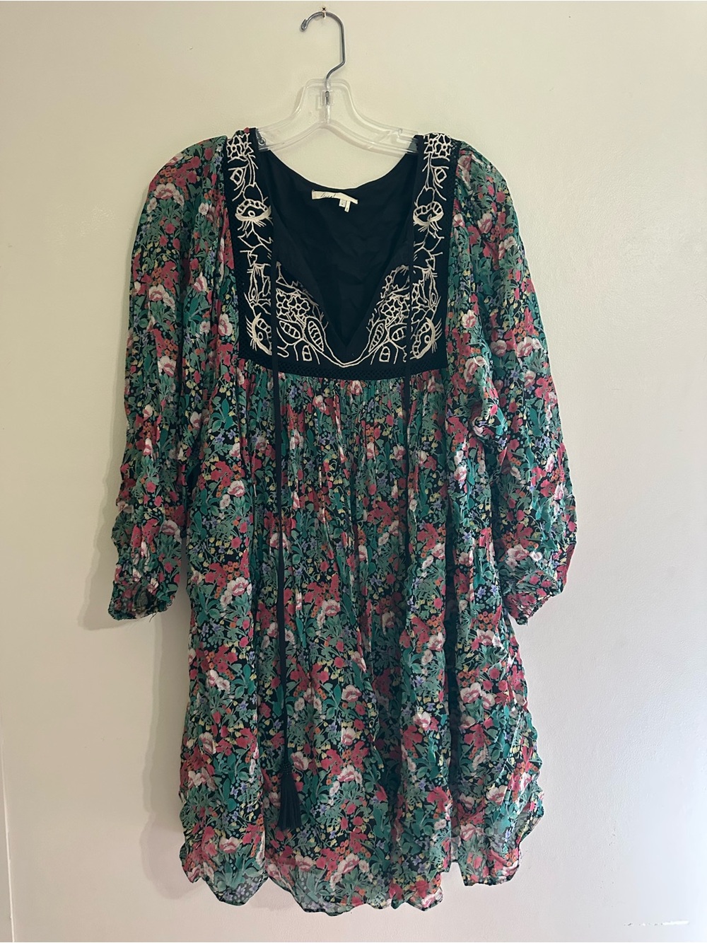 Floreat Green and Pink Floral Boho Dress with Black Yoke